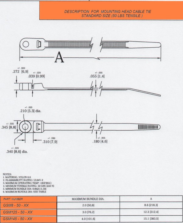 Specifications for 8 ,12,and 15 inch 50 lbs ties